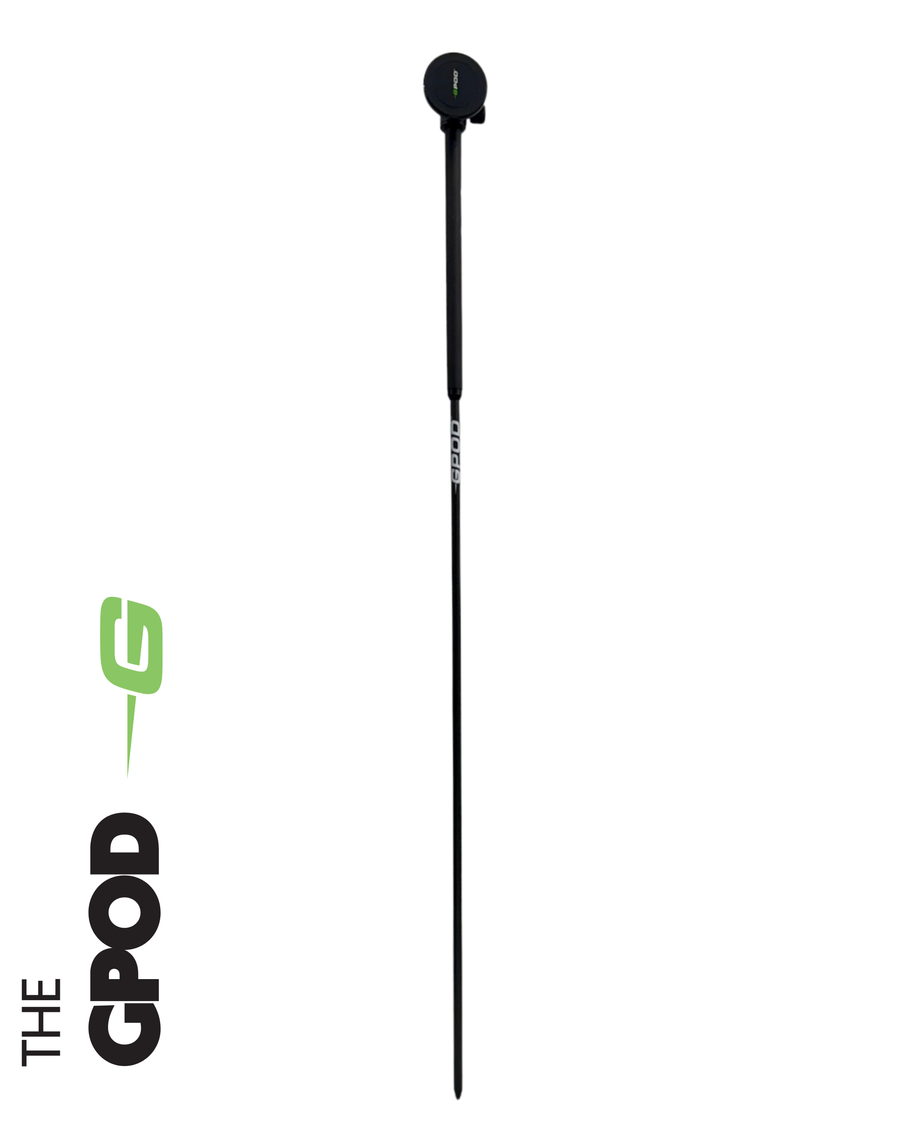 GPOD monopod staked into the turf holding a phone