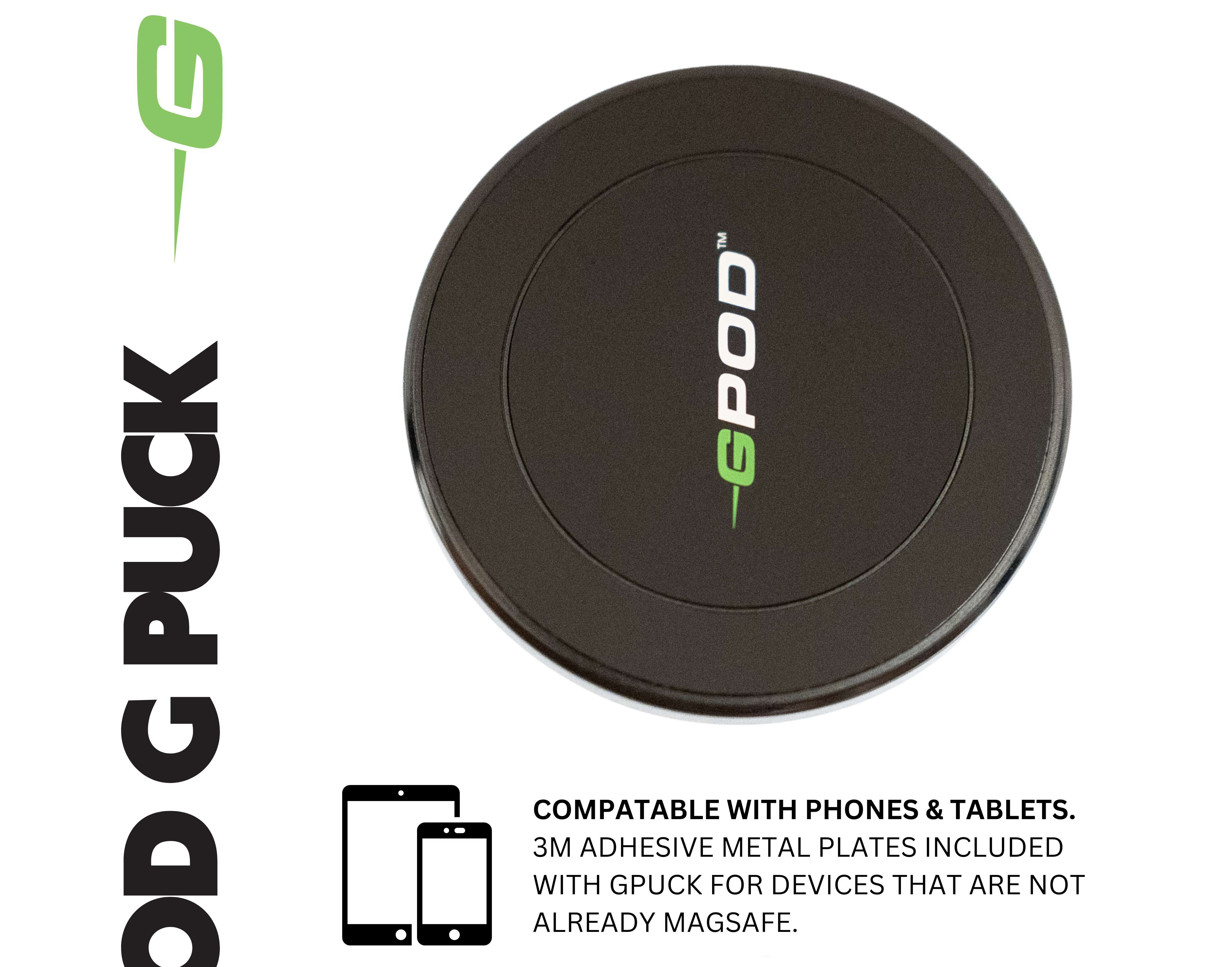 GPod G Puck magnetic device on a white background with text and icons.