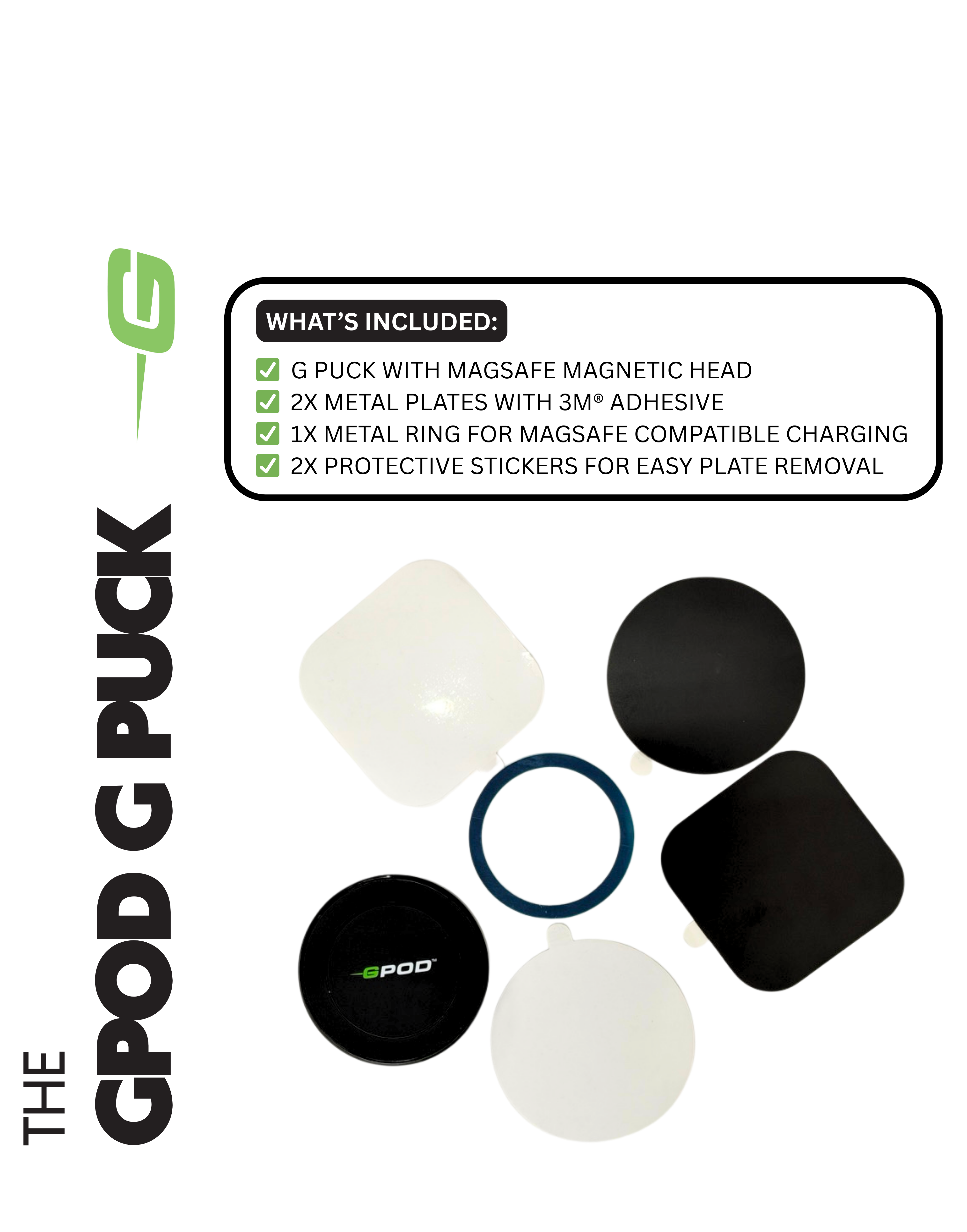 GPod G Puck product set with included items listed on a white background